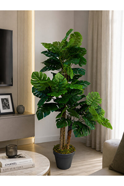 MAKİ DEKOR YAPAY AĞAÇ DEKORATİF MONSTERA AĞACI YOĞUN YAPRAKLI 3 GÖVDELİ 120 CM