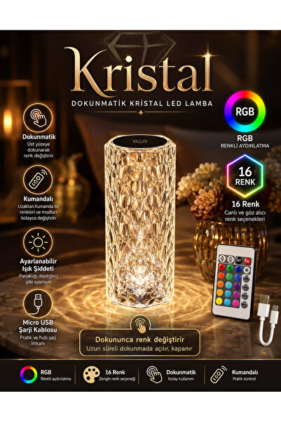 Unichrome Kristal Elmas Led Dokunmatik Sensör Usb Şarjlı Masa Lambası RGB Gec...