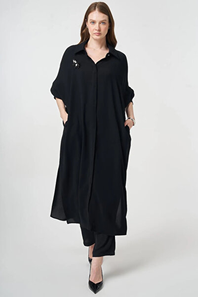 Kayra Embroidered Crepe Long Tunic Black