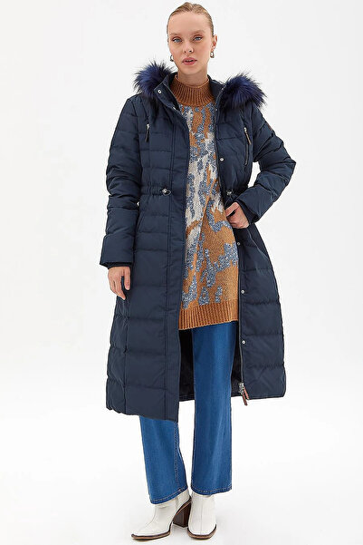 Kayra Goose Feather Filled Long Coat Navy Blue