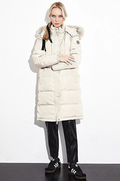 Kayra Quilted Stand Collar Hooded Fur Coat Cream