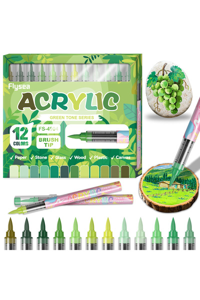 Choice3 Green 12 Colors Acrylic Marker Set Permanent Markers with Brush Tip A...