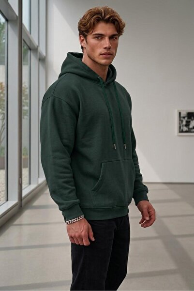 NO 601 Men's Green Plain Hooded Cotton Sweatshirt