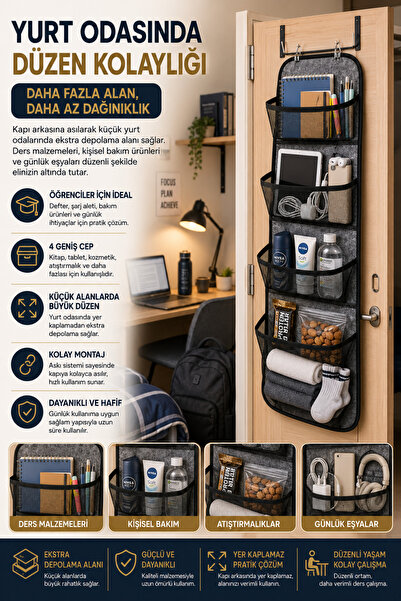 MultiTrendy Gri Kapı Arkası Organizer 4 Cepli Dolap İçi Düzenleyici Yurt Odas...