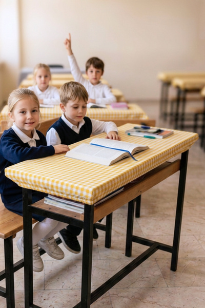 Bimotif 15 adet Lastikli Okul Sıra Örtüsü ve Öğretmen Masa Örtüsü (Pamukludur) Sarı Pötikare