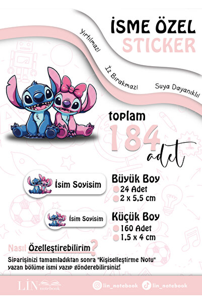 lin notebook İsme Özel Kalem Defter Okul Etiketi, Sudan Etkilenmez, Stitch Ok...