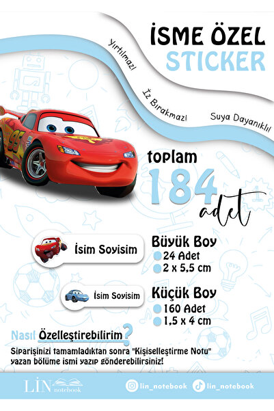 lin notebook İsme Özel Kalem Defter Okul Etiketi, Sudan Etkilenmez, Cars Arab...