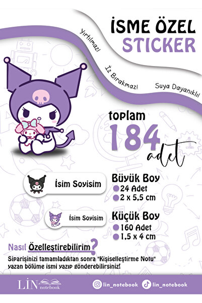 lin notebook İsme Özel Kalem Defter Okul Etiketi, Sudan Etkilenmez, Kunomi Ka...
