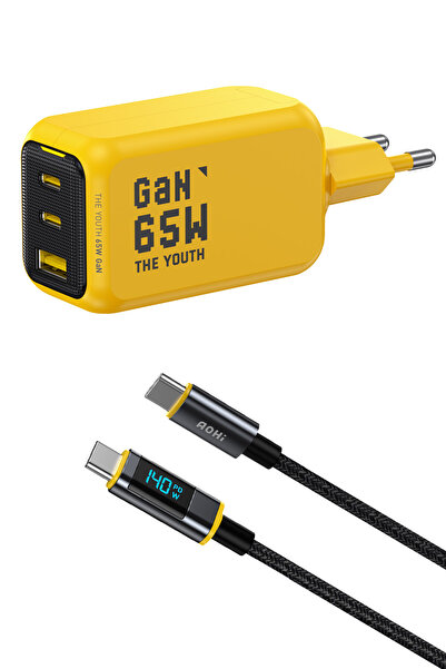 Aohi Youth 3 Portlu 65W Şarj Adaptörü, LED Ekranlı 140W Hızlı Şarj Kablosu Seti