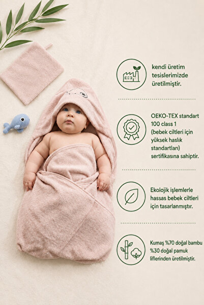 EIFIN Bambu Balık Nakışlı Bebek Havlu Kundak Ve Kese Seti