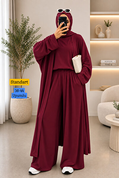 Mogi Butik Women's Combed Cotton Long Cardigan Blouse Wide Leg Pants 3-Piece ...