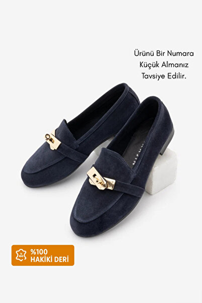 Marjin Women's Loafer Genuine Leather Buckle Moccasin Casual Shoes Nador Navy...