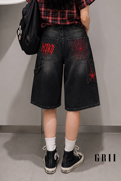 GRİİ WEAR Unisex Örümcek Baskılı Baggy Denim Bermuda Şort