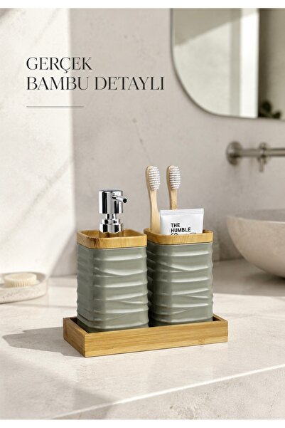 Okyanus Home Green Bamboo Liquid Soap Dispenser and Toothbrush Holder Set