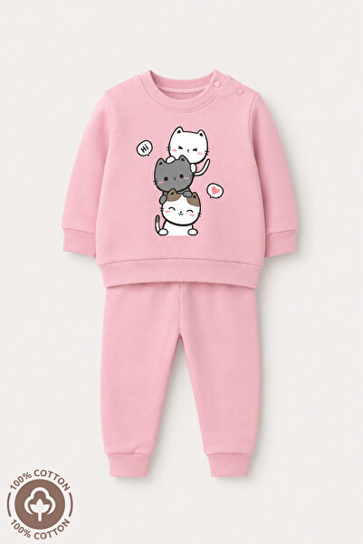 Miniel Baby Girl 3 Cat Printed 100% Cotton 6-9-12 Months Top and Bottom 2-Pie...