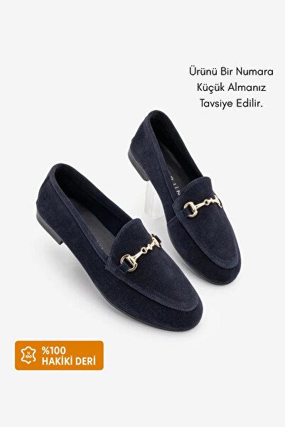 Marjin Women's Genuine Leather Chain Loafer Casual Shoes Tanle Navy Blue Suede