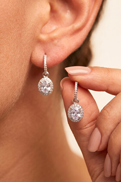 Elika Silver Dangle Zircon Stone Solitaire Earrings