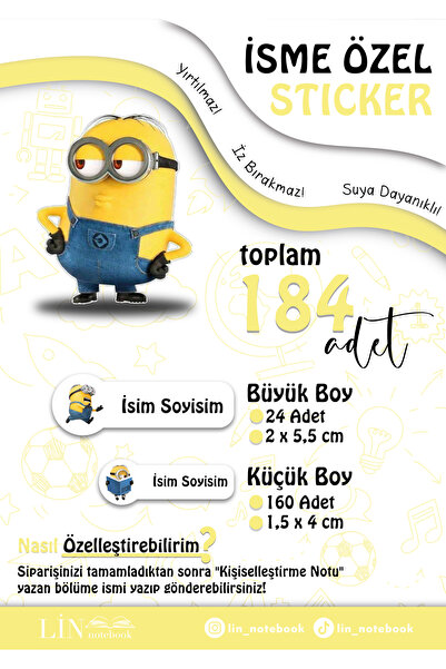 lin notebook İsme Özel Kalem Defter Okul Etiketi, Sudan Etkilenmez, Minions, ...