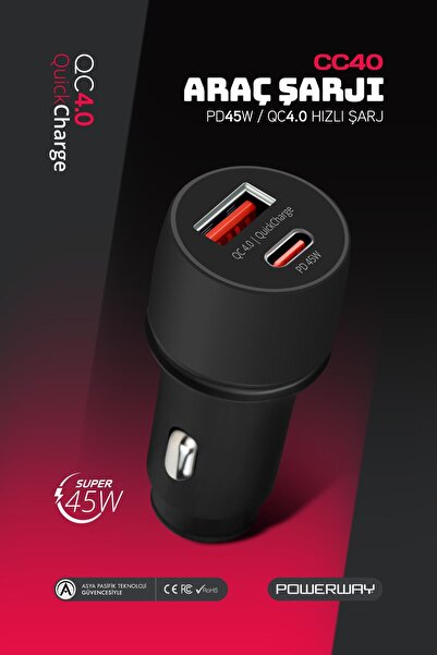 POWERWAY CC40 Araç Içi Çakmaklık Hızlı Şarj Cihazı 45w Qc 4.0 Usb Ve Type-c G...