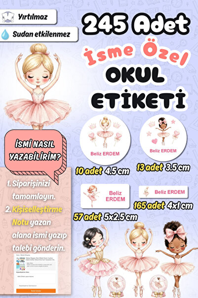 Sticker Ekspres Okul Etiketi Balerinler Temalı Kalem Defter Etiketi Özel İsim...