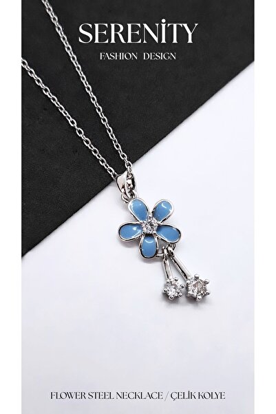 Serenity Blue Dangling Stone Daisy Steel Necklace