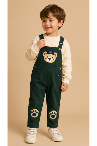 NOTA KİDS Boy's Teddy Bear Embroidered Gabardine Salopet Set – 2-Piece Set wi...