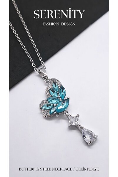 Serenity Drop Zircon Stone Butterfly Wing Steel Necklace