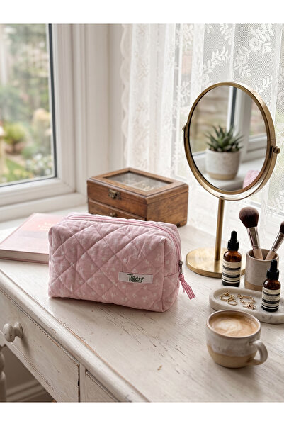 Tadsy Pink Ribbon Patterned 100% Cotton Makeup and Cosmetic Bag Medium Size |...