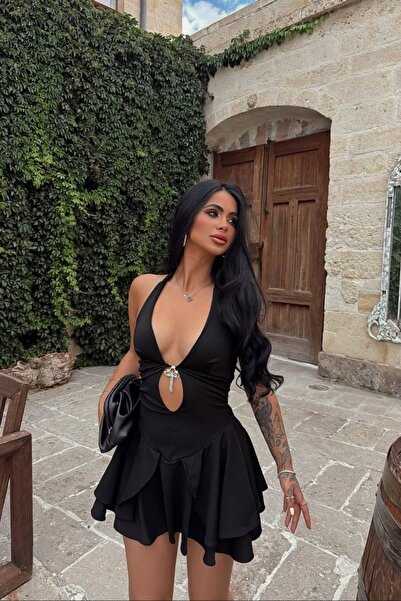 Afitapbutikmoda Boyundan Baglamalı Kat Kat Fırfırlı Mini Elbise