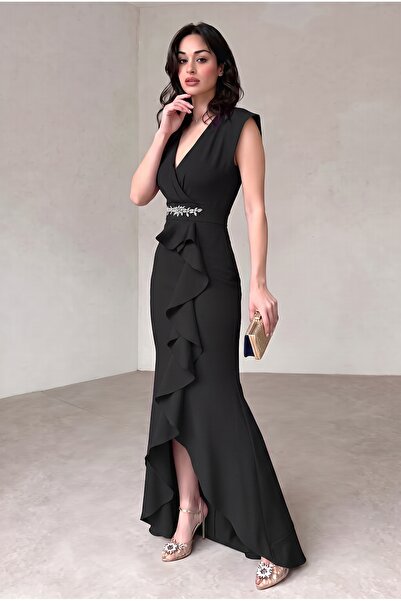 ALFUDO Moda Collection Kadın Scuba Krep Kumaş Kruvaze Yaka Eteği Volanlı Kemer Taşlı Siyah Abiye Mezuniyet Nikah Elbise