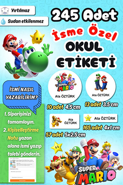 Sticker Ekspres Okul Etiketi Super Mario Kalem Defter Etiketi Özel İsim Yazıl...