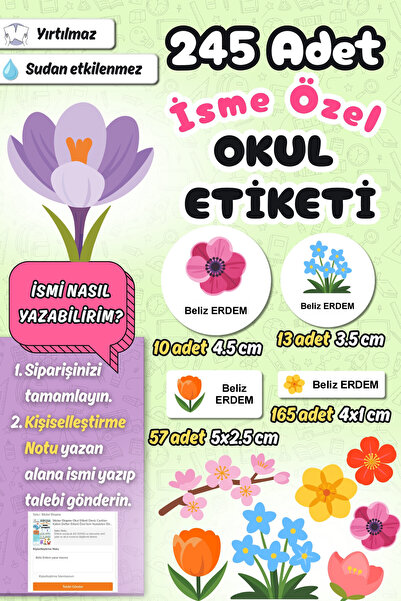 Sticker Ekspres Okul Etiketi Çiçek Temalı Kalem Defter Etiketi Özel İsim Yazı...