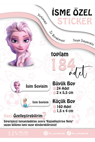 lin notebook İsme Özel Kalem Defter Okul Etiketi, Sudan Etkilenmez, Elsa İsim...