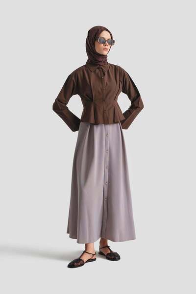 Armine Button Detailed Flared Skirt Gray 25Yt113