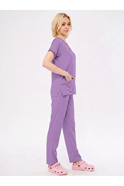 Class Üniforma Lila Likralı Unisex Yarasa Kol Hemşire Ve Doktor Forması Takımı Scrubs Hastane Üniforması