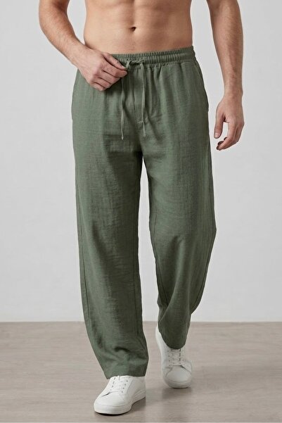 assef Men's Baggy Loose Fit Khaki Linen Trousers Lightweight and Comfortable