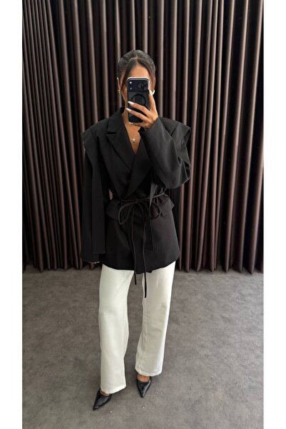 ZF BUTİK Kadın Oversize Blazer Ceket Siyah Bağlamalı