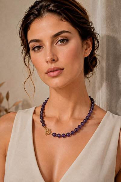Camellie KY Jewels Violet Grace | A Kalite Doğal Ametist Taş Altın Kaplama Kolye