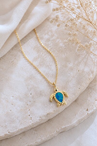 Spossy Silver Jewelry 925 Ayar Gümüş Gold Kaplamalı Mavi Opal Taşlı Kaplumbağ...