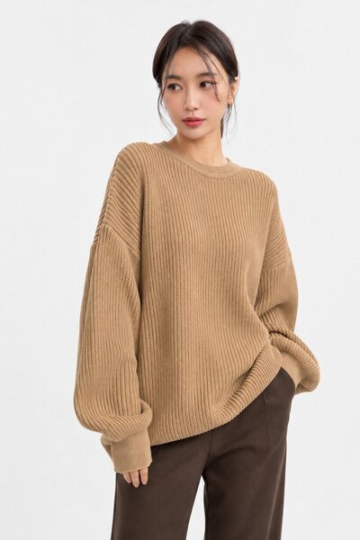 Abruzzo Pulover tricotat oversize pentru femei Biscuit Crew Neck