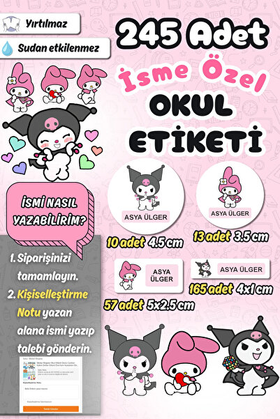 Sticker Ekspres Okul Etiketi Kuromi ve My Melody Kalem Defter Etiketi Özel İs...
