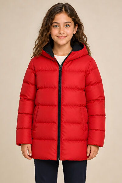 Montup Girl's Red Fleece Hooded Waterproof Wind-Resistant Pocket Puffer Winte...