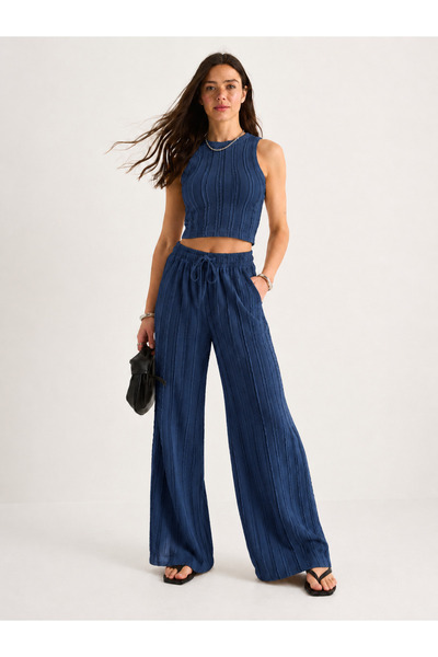 NAVO STUDIO Women's Crew Neck Reverse Stitch Crop Blouse and Wide Leg Pants T...