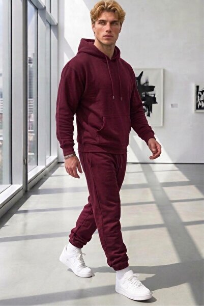 NO 601 Men's Burgundy Basic Hooded Burgundy Sweatpants 3 Thread Set