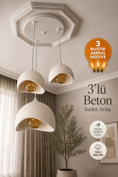 JUTUAL DEKOR Beton Görünümlü 3'lü Sarkıt Avize Beyaz Bohem İskandinav Modern ...