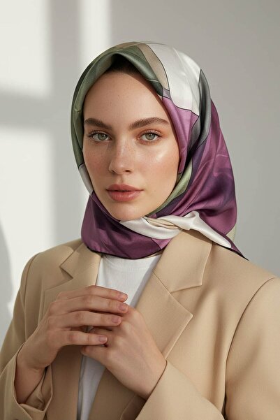 Vissona Μεταξωτό κασκόλ Dusty Rose Khaki με γεωμετρικό σχέδιο - 100% Twill, 9...