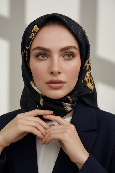 Vissona %100 Twill İpek Monogramlı Ve Barok Desenli Siyah - Gold Renkli 90x90...