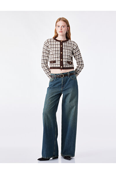 Koton Crew Neck Regular Fit Pocketed Long Sleeve Plaid Knitwear Cardigan