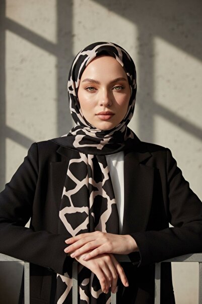 Vissona KREP TAŞ DESENLİ SİYAH - SÜTLÜKAHVE RENKLİ 75X195 KIRIŞMAZ ŞAL