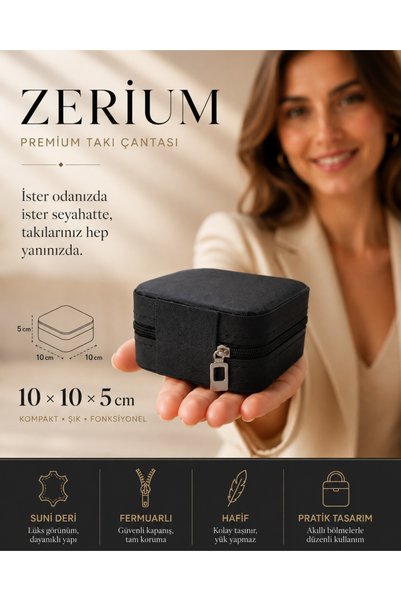 ZERİUM Travel Type Women's Jewelry Bag with Organizer New Trend Faux Leather Black